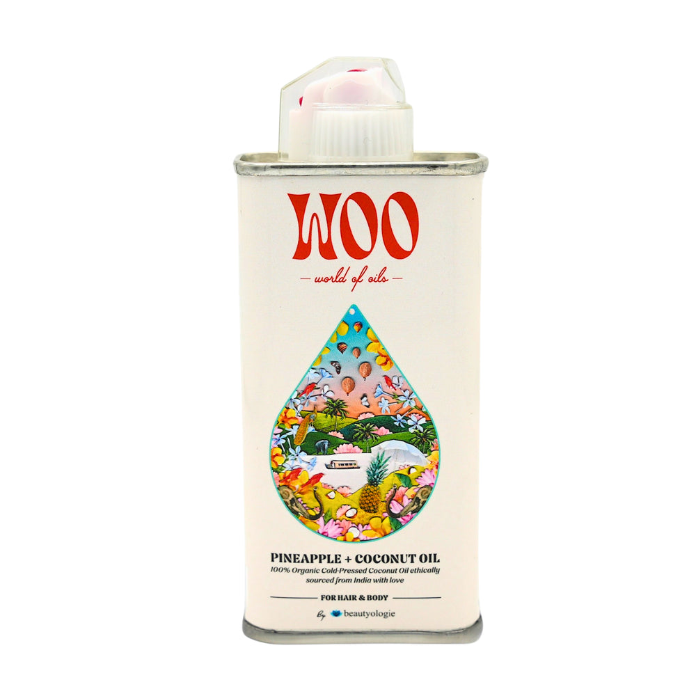 Can of WOO pineapple and coconut oil on a white background