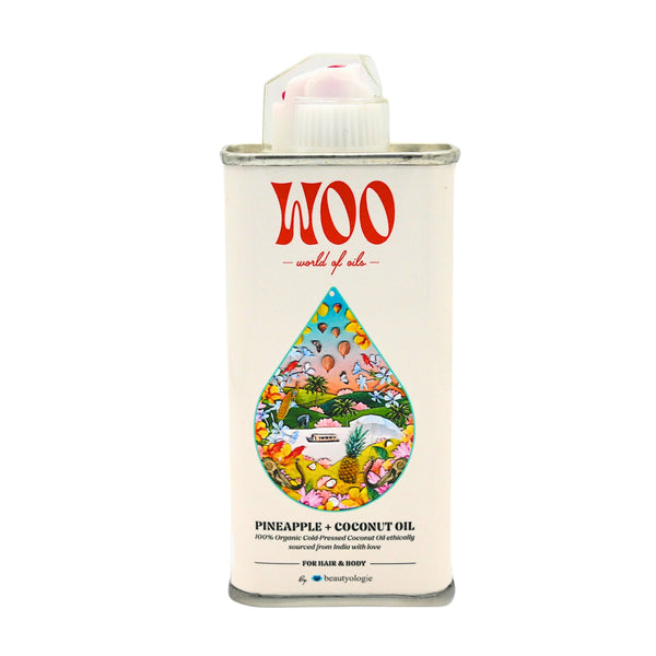 Can of WOO pineapple and coconut oil on a white background