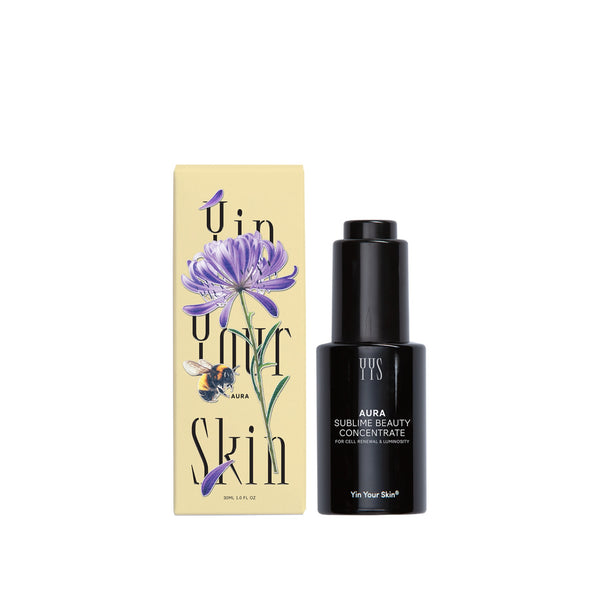 YIN YOUR SKIN AURA Sublime Beauty Concentrate in violet Miron glass bottle with botanical oils and floral essential oils.