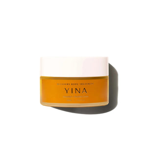YINA Recovery Body Balm in clear glass jar with orange label and white lid, on white background