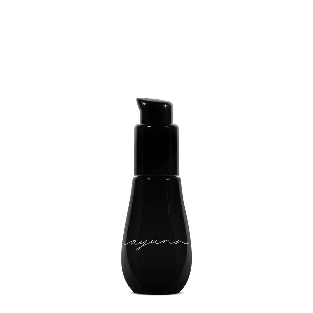AYUNA Eye Serum in black glass bottle with black pump on white background
