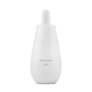 AYUNA cellular oil in white glass bottle with white pipette on white background