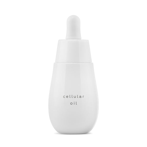 AYUNA cellular oil in white glass bottle with white pipette on white background