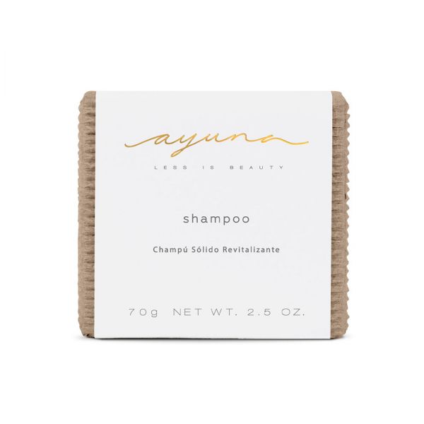 Close-up of the Ayuna SHAMPOO bar showing its solid texture on white background