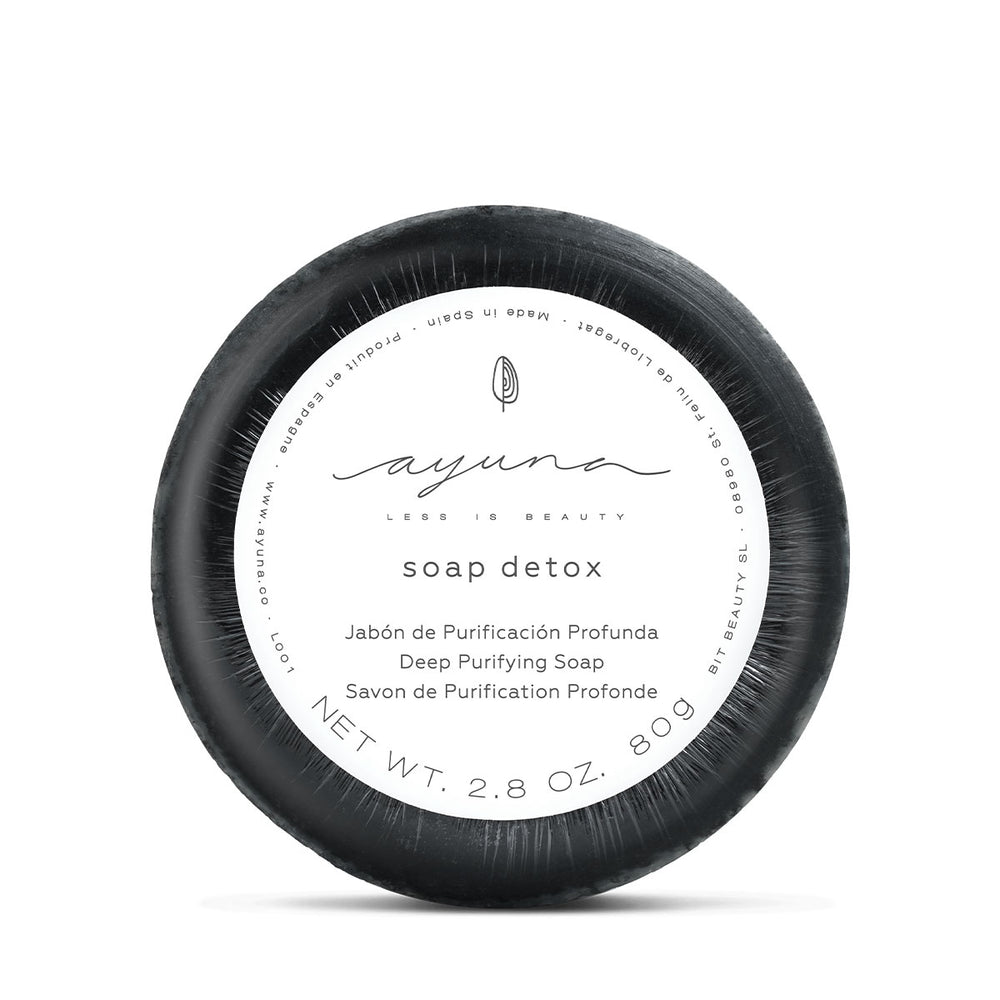 Ayuna detox charcoal soap bar on white background