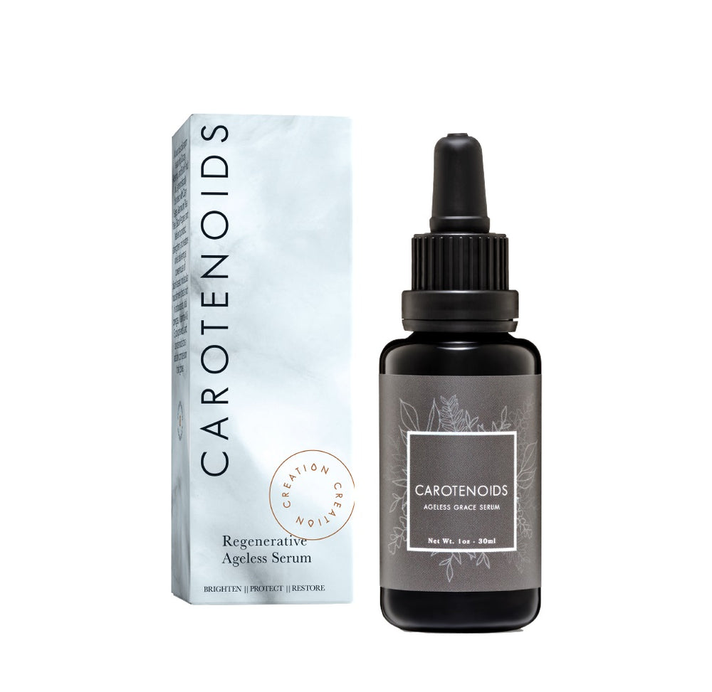 CREATION CAROTENOIDS Regenerative Serum in a glass dropper bottle, a vibrant, vitamin A–rich facial oil designed to brighten, protect, and restore skin radiance.