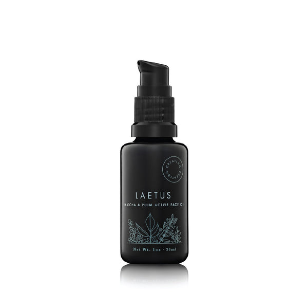 CREATION LAETUS Matcha & Plum Antioxidant Face Oil in a sleek glass bottle, a lightweight, fast-absorbing formula rich in plant-based actives that hydrates, soothes, and enhances skin radiance.