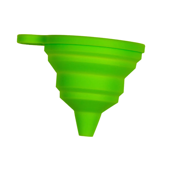 Living Libations Collapsible Silicone Funnel in bright green, a compact, food-grade silicone tool for spill-free refills and transfers.