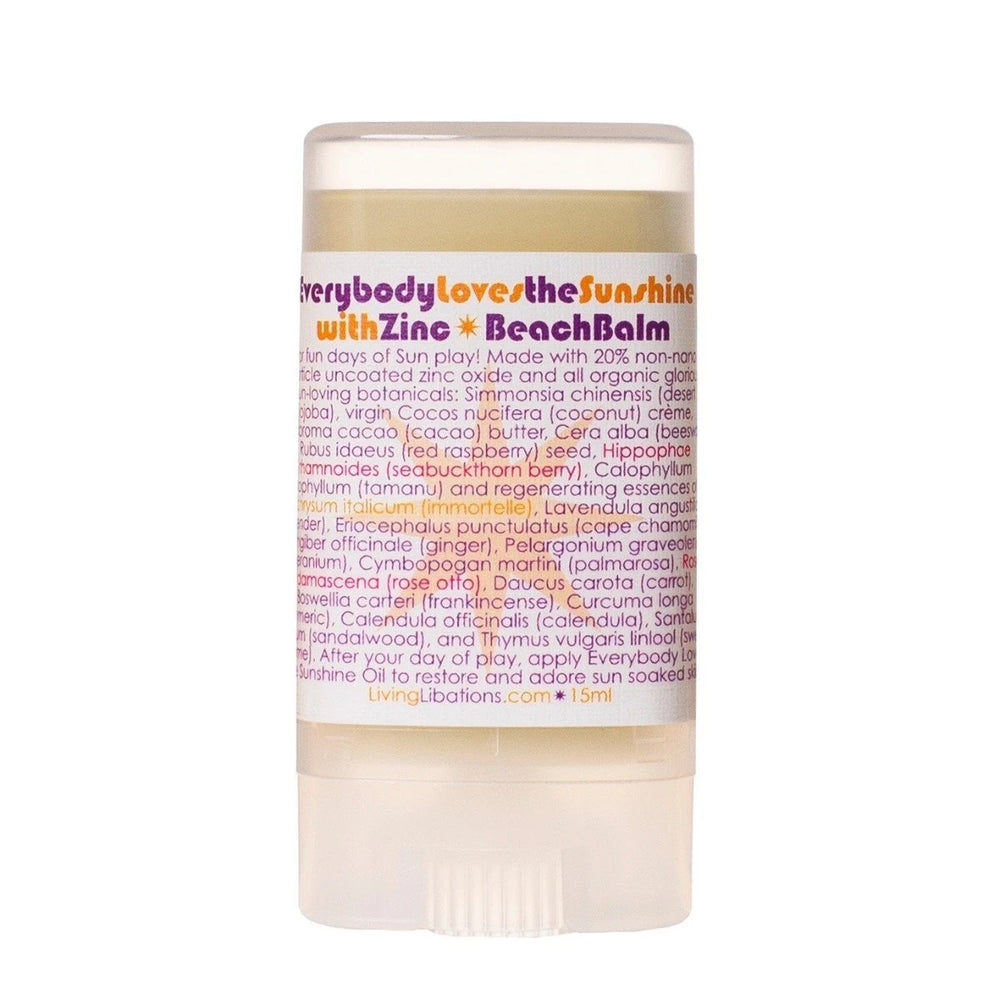 Living Libations Everybody Loves the Sunshine Zinc Beach Balm with protective zinc and botanicals. 15ml
