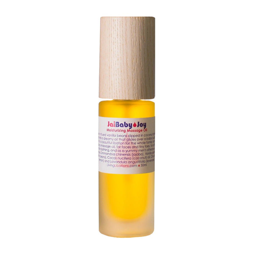 Living Libations Jai Baby Joy Oil in a bottle, perfect for baby massages and nourishing delicate skin. 30ml