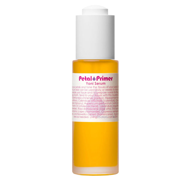 Living Libations Petal Primer Yoni Serum for perineal massage with seabuckthorn, calendula, and lavender to tone and prepare delicate tissues.