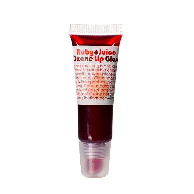 Living Libations Ruby Juice Ozonated Lip Gloss – tinted lip and cheek gloss with ozone and botanical oils.