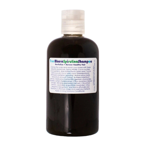 Living Libations True Blue Spirulina Shampoo bottle, formulated with spirulina and azulene-rich essential oils for balanced, shiny hair. 240ml