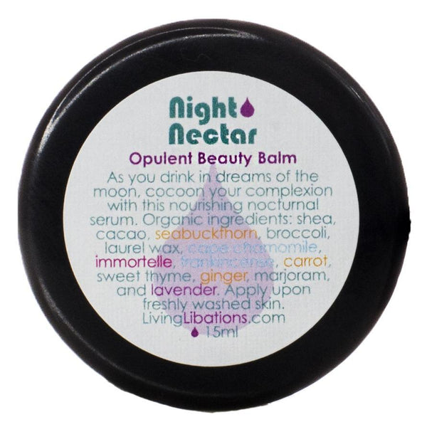 Living Libations Night Nectar Beauty Balm - A rich nighttime serum made with shea butter, cacao butter, and seabuckthorn to hydrate, and rejuvenate skin while you sleep. 15ml