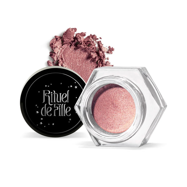 RITUEL DE FILLE Ash and Ember Eye Soot – Anima, soft mauve pink eyeshadow with radiant shimmer, rich velvety powder-cream texture in a small jar, vegan.
