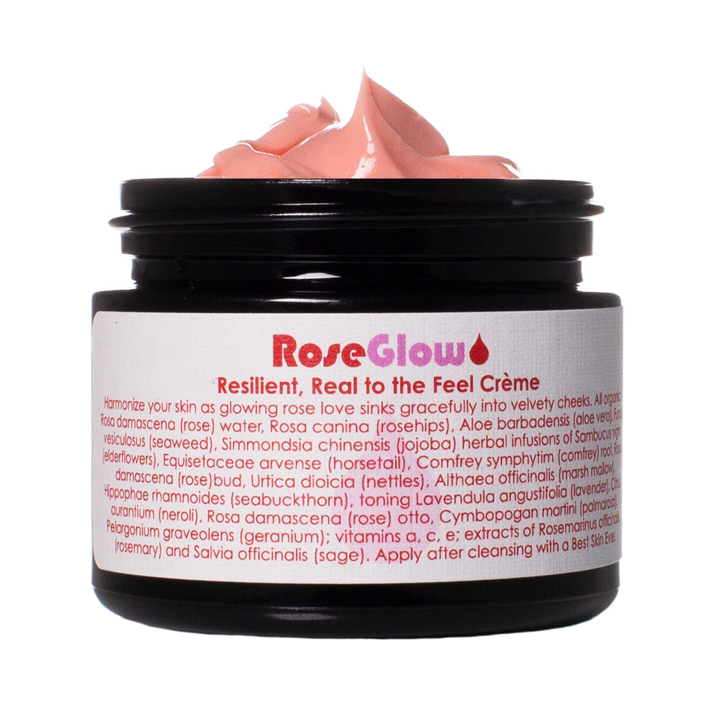 Living Libations Rose Glow Face Crème in a glass jar with nourishing botanical ingredients. 50ml