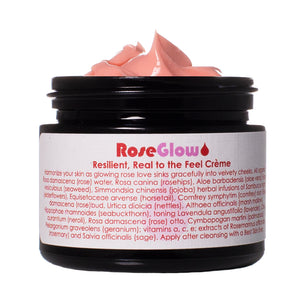 Living Libations Rose Glow Face Crème in a glass jar with nourishing botanical ingredients. 50ml