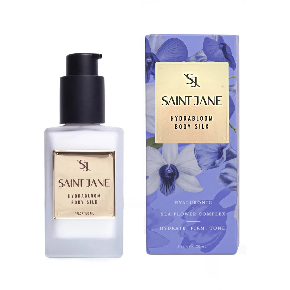 SAINT JANE Hydrabloom Body Silk Softening Body Lotion in sleek 120ml bottle, ultra-hydrating floral and algal complex formula.